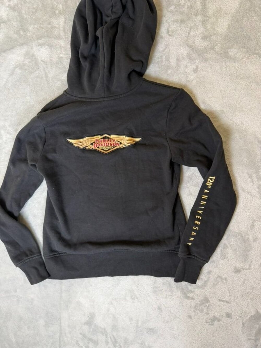 HARLEY DAVIDSON Hoodie Small Black 120thโ Anniversary Full Zip Fleece Logo Patch